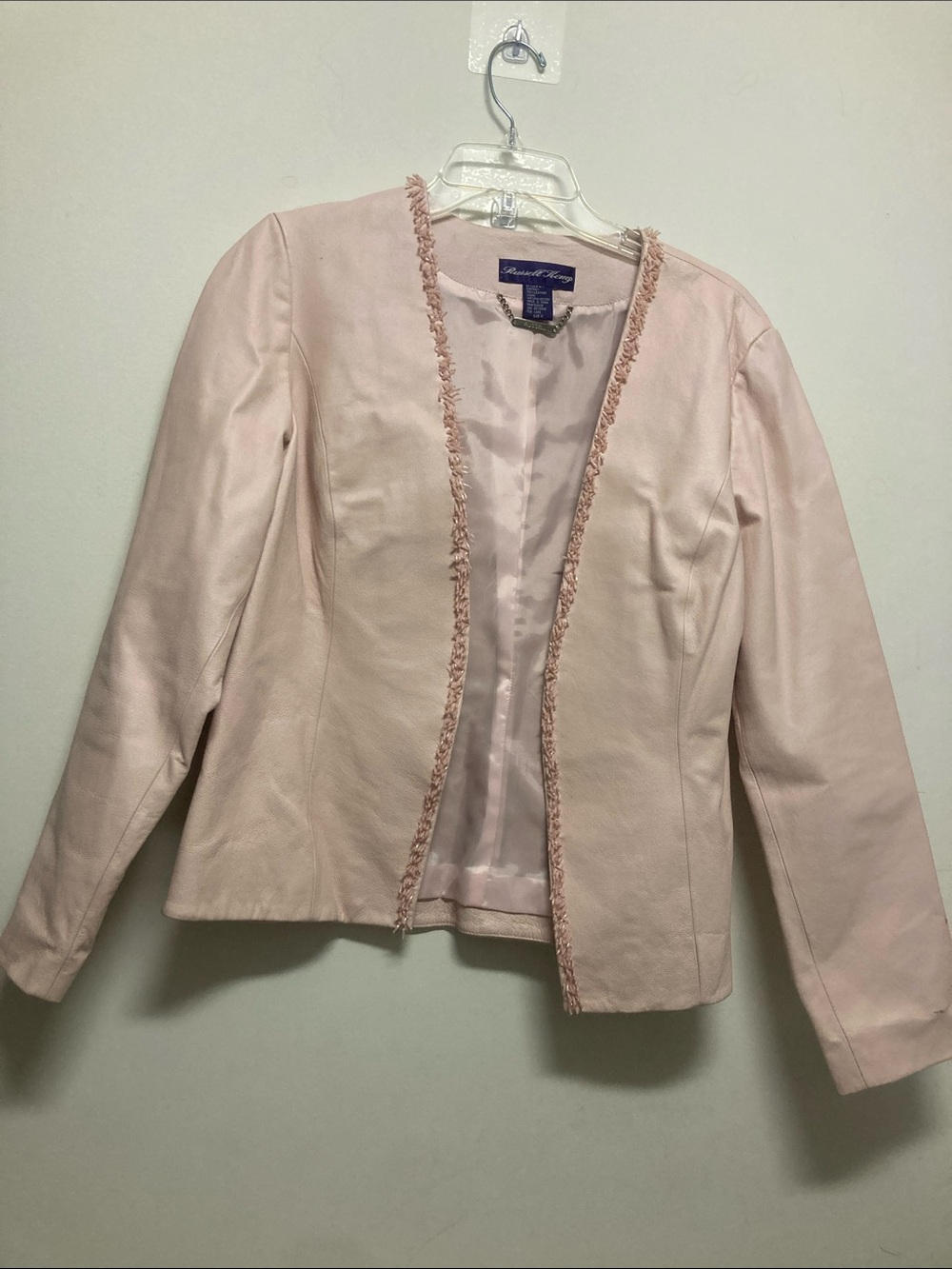 RUSSELL KENGO/100% leather/Blush Fringe-Trim Open Front Blazer